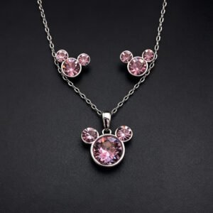 Wholesale Mickey jewelry set featuring white gold plated copper with pink Swarovski element crystals from JuneJewelry.com.