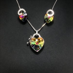 Wholesale lock jewelry set made of white gold plated copper with yellow heart Swarovski element crystals and key charm from JuneJewelry.com.