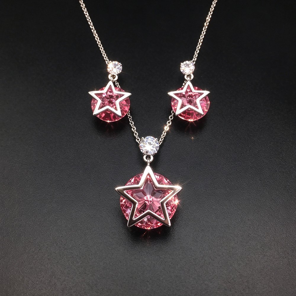 G301107-G100757E01Y.151.A Wholesale star jewelry set featuring white gold plated copper with pink Swarovski element crystals from JuneJewelry.com.