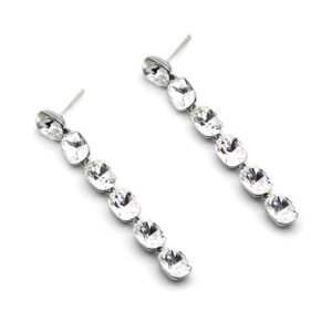 Wholesale long crystal earrings made of platinum plated zinc alloy with six clear faux crystals for bulk orders at JuneJewelry.com.
