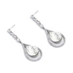 Wholesale waterdrop crystal earrings with blue Swarovski Element crystals in platinum plated brass from JuneJewelry.com – luxury dangle earrings for bulk orders.