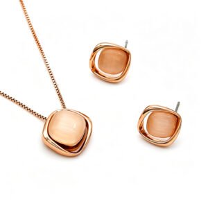 Wholesale Cat Eye Set with square peach stone pendant and stud earrings from JuneJewelry.com.