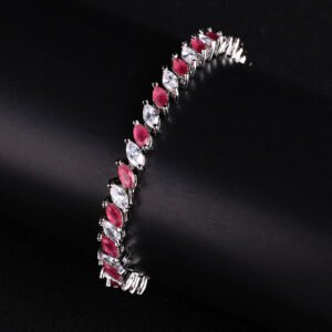 Wholesale Ruby Zircon Bracelet featuring red and clear marquise stones on platinum plated copper from JuneJewelry.com