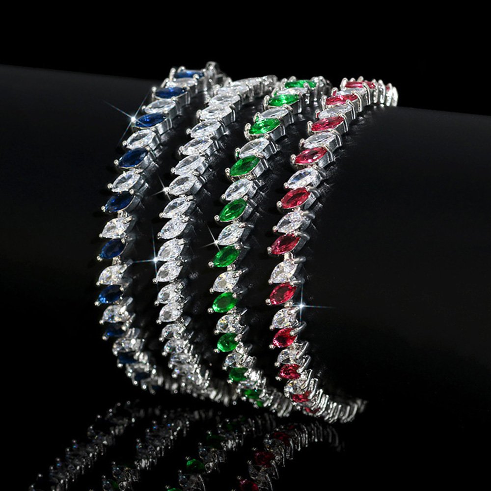 LYSL0100.120.G Wholesale Ruby Zircon Bracelet featuring red and clear marquise stones on platinum plated copper from JuneJewelry.com