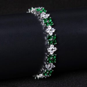 Wholesale Floral Zircon Bracelet featuring four-petal flower CZ stones on platinum plated copper from JuneJewelry.com