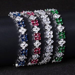 Wholesale Floral Zircon Bracelet featuring four-petal flower CZ stones on platinum plated copper from JuneJewelry.com
