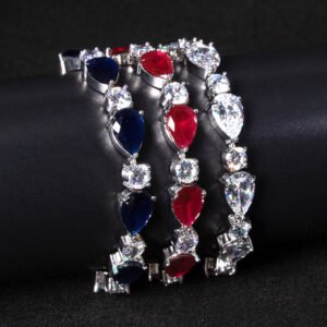 Wholesale Luxury Zircon Bracelet with alternating pear and round CZ stones on platinum plated copper from JuneJewelry.com