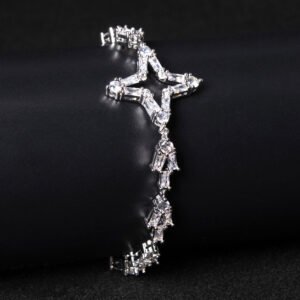 Wholesale Star Zircon Bracelet featuring four-pointed star baguette CZ stones on platinum plated copper from JuneJewelry.com