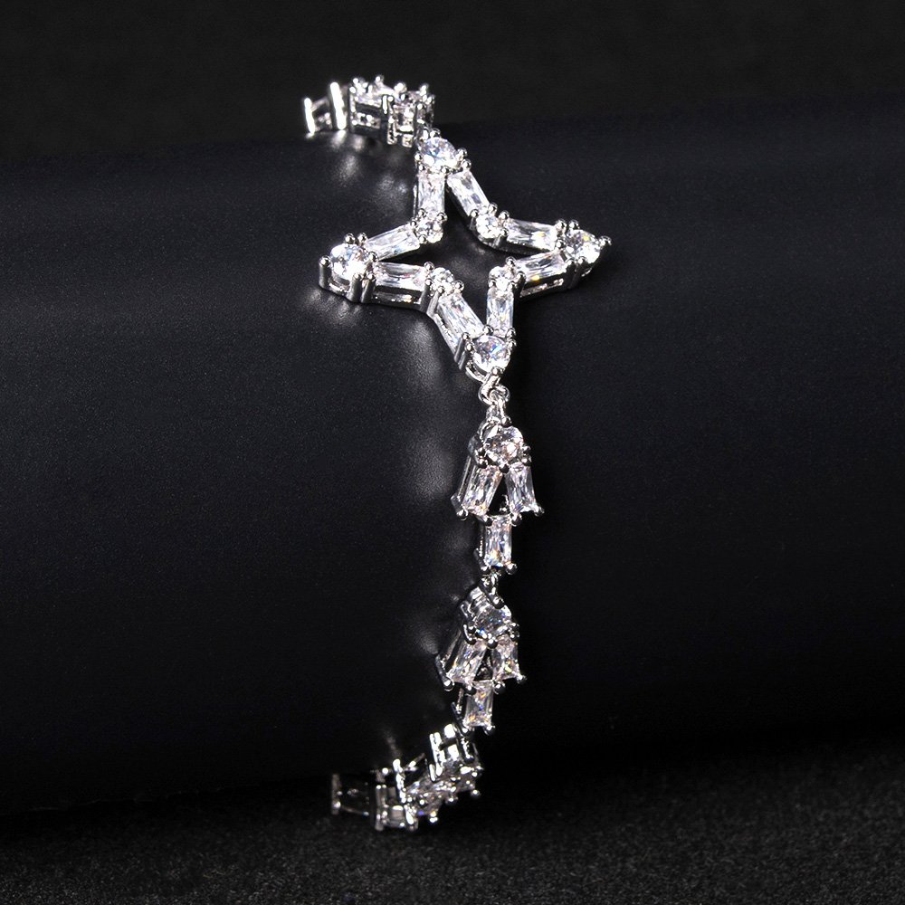 LYSL0541.90.A Wholesale Star Zircon Bracelet featuring four-pointed star baguette CZ stones on platinum plated copper from JuneJewelry.com