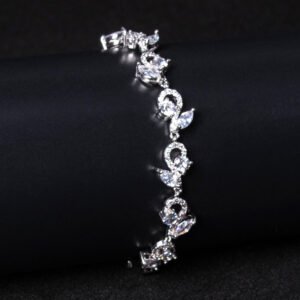 Wholesale Leaf Zircon Bracelet featuring flower and marquise leaf CZ stones on platinum plated copper from JuneJewelry.com