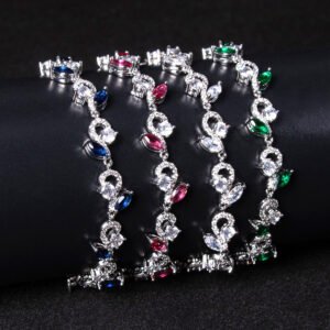 Wholesale Leaf Zircon Bracelet featuring flower and marquise leaf CZ stones on platinum plated copper from JuneJewelry.com
