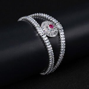 Wholesale Crystal Bangle Bracelet featuring double row baguette stones and red sunburst halo on platinum plated copper from JuneJewelry.com.