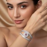 Wholesale Crystal Bangle Bracelet featuring double row baguette stones and red sunburst halo on platinum plated copper from JuneJewelry.com.