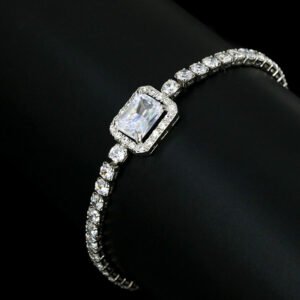 Wholesale Emerald Zircon Bracelet with rectangle halo center stone on platinum plated copper from JuneJewelry.com