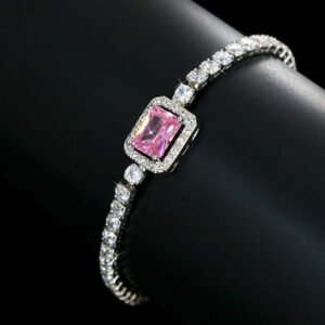 Wholesale Emerald Zircon Bracelet with rectangle halo center stone on platinum plated copper from JuneJewelry.com