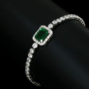 Wholesale Emerald Zircon Bracelet with rectangle halo center stone on platinum plated copper from JuneJewelry.com