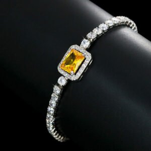 Wholesale Emerald Zircon Bracelet with rectangle halo center stone on platinum plated copper from JuneJewelry.com