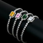 Wholesale Emerald Zircon Bracelet with rectangle halo center stone on platinum plated copper from JuneJewelry.com