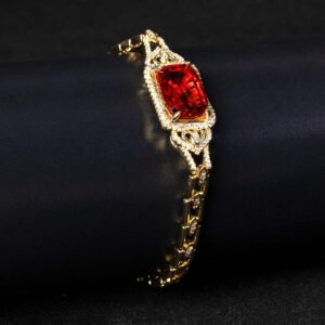 Wholesale Radiant Zircon Bracelet with cushion-cut main stone and filigree halo on platinum plated copper from JuneJewelry.com.