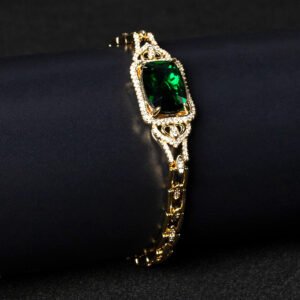 Wholesale Radiant Zircon Bracelet with cushion-cut main stone and filigree halo on platinum plated copper from JuneJewelry.com.