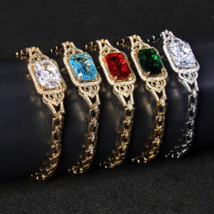 Wholesale Radiant Zircon Bracelet with cushion-cut main stone and filigree halo on platinum plated copper from JuneJewelry.com.