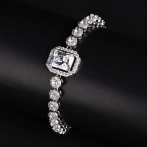 Wholesale Halo Zircon Bracelet featuring octagonal center stone and round halo chain on platinum plated copper from JuneJewelry.com.