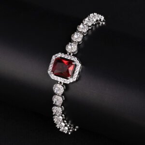 Wholesale Halo Zircon Bracelet featuring octagonal center stone and round halo chain on platinum plated copper from JuneJewelry.com.
