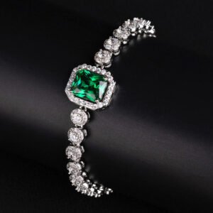 Wholesale Halo Zircon Bracelet featuring octagonal center stone and round halo chain on platinum plated copper from JuneJewelry.com.