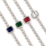 Wholesale Halo Zircon Bracelet featuring octagonal center stone and round halo chain on platinum plated copper from JuneJewelry.com.