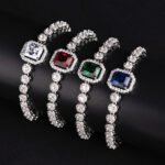 Wholesale Halo Zircon Bracelet featuring octagonal center stone and round halo chain on platinum plated copper from JuneJewelry.com.