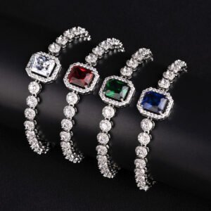 Wholesale Halo Zircon Bracelet featuring octagonal center stone and round halo chain on platinum plated copper from JuneJewelry.com.
