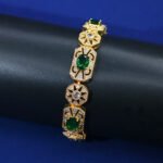 Wholesale Royal Zircon Bracelet featuring aqua blue gemstones in milgrain gold plated copper from JuneJewelry.com.
