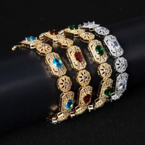 Wholesale Royal Zircon Bracelet featuring aqua blue gemstones in milgrain gold plated copper from JuneJewelry.com.
