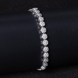 Wholesale Floral Zircon Bracelet with round paved cluster links on platinum plated copper from JuneJewelry.com