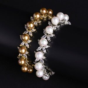 Wholesale Pearl Zircon Bracelet featuring white shell pearls and marquise CZ gems on platinum plated copper from JuneJewelry.com