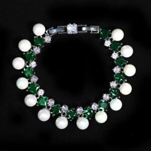 Wholesale Square Pearl Bracelet featuring princess-cut CZ stones and shell pearls on platinum plated copper from JuneJewelry.com