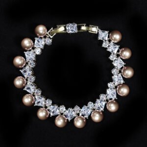 Wholesale Square Pearl Bracelet featuring princess-cut CZ stones and shell pearls on platinum plated copper from JuneJewelry.com