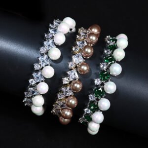 Wholesale Square Pearl Bracelet featuring princess-cut CZ stones and shell pearls on platinum plated copper from JuneJewelry.com