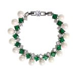 Wholesale Square Pearl Bracelet featuring princess-cut CZ stones and shell pearls on platinum plated copper from JuneJewelry.com
