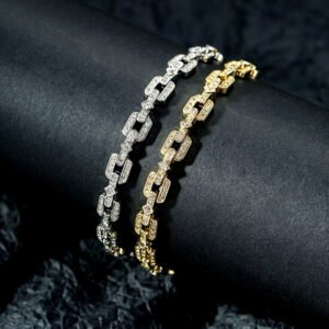 Wholesale Link Zircon Bracelet with geometric pave oval and rhombus links on platinum plated copper from JuneJewelry.com