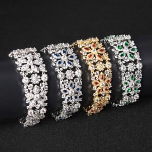 Wholesale Deluxe Zircon Bracelet with multi-row marquise floral cuff design on platinum plated copper from JuneJewelry.com