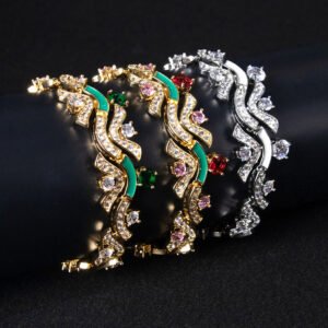 Wholesale Wave Zircon Bracelet featuring paved wave links and solitaire CZ gems on platinum plated copper from JuneJewelry.com