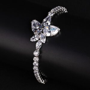 Wholesale Floral Zircon Bracelet with central pear and marquise CZ flower cluster on platinum plated copper from JuneJewelry.com