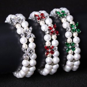 Wholesale Pearl Zircon Bracelet featuring double-strand pearls and CZ flower connectors on platinum plated copper from JuneJewelry.com