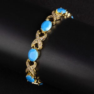 Wholesale Infinity Zircon Bracelet featuring oval CZ gems and paved cross links on platinum plated copper from JuneJewelry.com