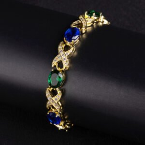 Wholesale Infinity Zircon Bracelet featuring oval CZ gems and paved cross links on platinum plated copper from JuneJewelry.com