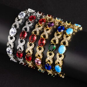 Wholesale Infinity Zircon Bracelet featuring oval CZ gems and paved cross links on platinum plated copper from JuneJewelry.com