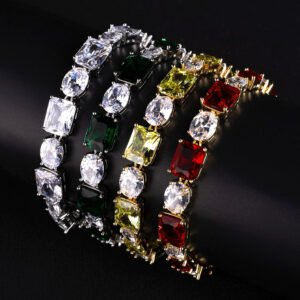 Wholesale Radiant Zircon Bracelet with alternating emerald-cut and oval CZ stones on platinum plated copper from JuneJewelry.com