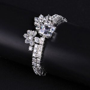 Wholesale Crown Zircon Bracelet with square princess cut centerpiece and CZ flower clusters on platinum plated copper from JuneJewelry.com