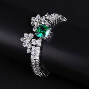 Wholesale Crown Zircon Bracelet with square princess cut centerpiece and CZ flower clusters on platinum plated copper from JuneJewelry.com